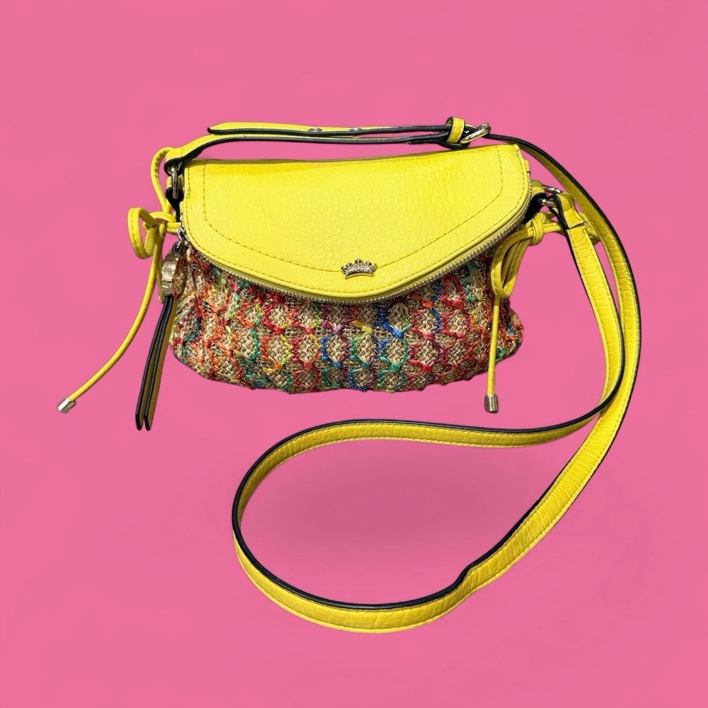 Juicy Couture Yellow‎ Leather & Woven Straw Crossbody Bag Crown Logo Summer Boho